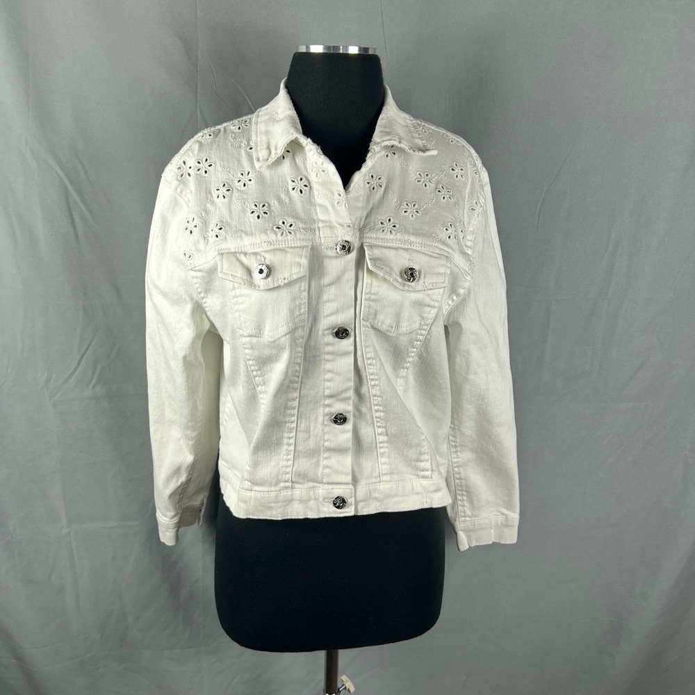 Candie's Trucker Jacket Womens M White Floral Embroidered Cotton Racing Riding
